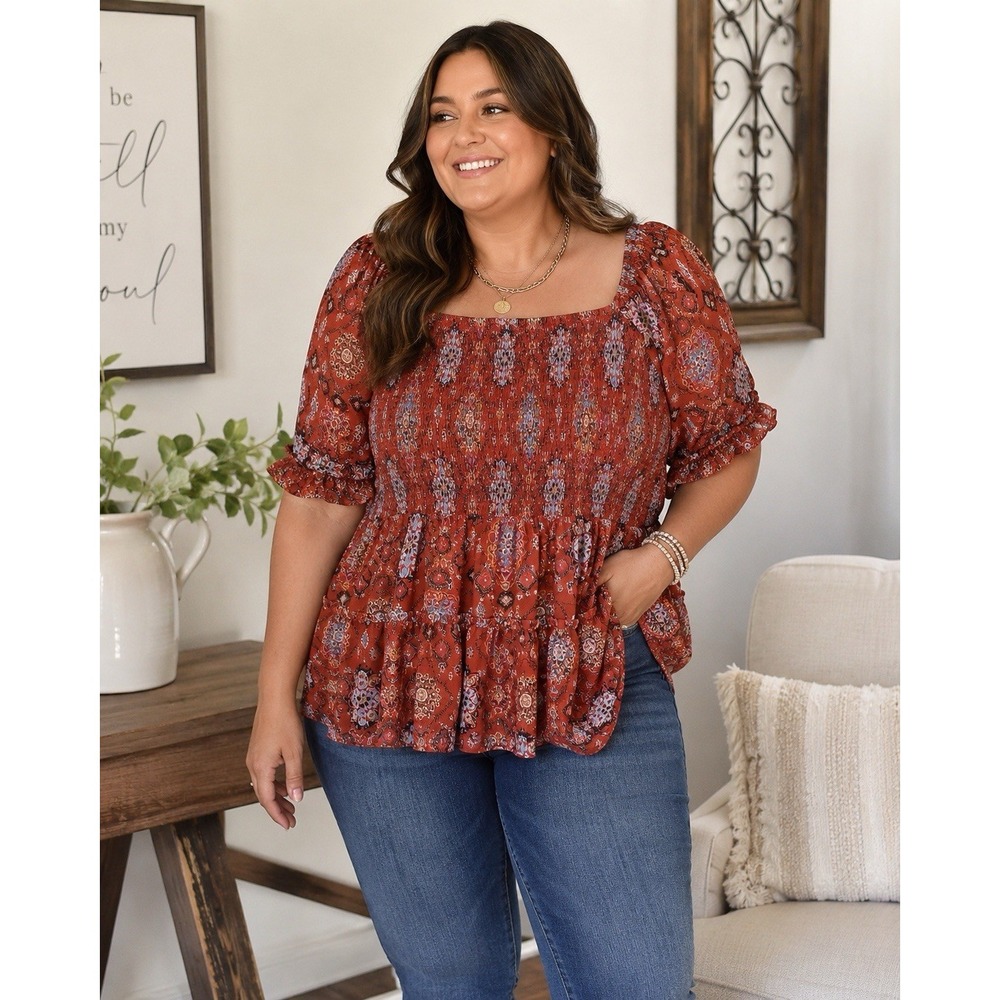 Maurices 3X Rust Medallion Smocked Peplum Top Puff Sleeve Boho Plus Size
